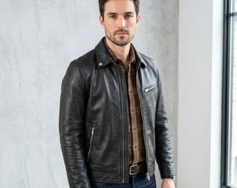 Chaqueta Harrington de cuero para hombre, chaqueta negra de corte ajustado con cuello de punta, abrigo de cuero con cremallera para uso diario, prenda de abrigo clásica de herencia.