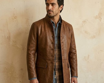 Herren Ledermantel, cognac brauner langer Ledermantel für Herren, Stehkragen Knopfleiste vorne, Lederjacke mit Traditionsdesign