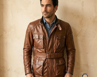 Herren Lederjacke mit Gürtel, Braune Heritage Feldjacke für Herren, Vintage Motorrad Ledermantel, Leder mit vier Taschen