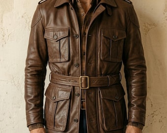 Herren-Feldlederjacke, braune Safari-Abenteuerjacke für Herren, Ledermantel mit vier Taschenknöpfen vorne