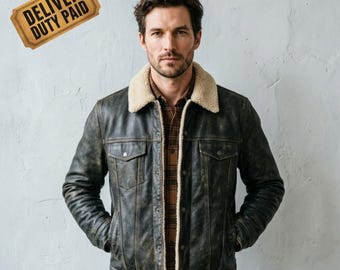 Giacca da camionista in pelle da uomo, giacca nera effetto invecchiato con bottoni sul davanti, cappotto in pelle stile vintage da lavoro, capospalla classico di tradizione