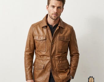Mens Cognac Leather Field Jacket, Tan Military Safari Coat with Four Pockets, Classic Heritage Leather Jacket, Everyday Utility Outerwear