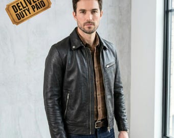 Giacca Harrington da uomo in pelle, nera, vestibilità slim, con colletto a punta, cappotto in pelle con cerniera per tutti i giorni, capospalla classico e tradizionale.