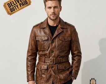 Giacca da campo da uomo in pelle marrone, cappotto safari effetto invecchiato con cintura e quattro tasche, giacca militare vintage, capospalla funzionale