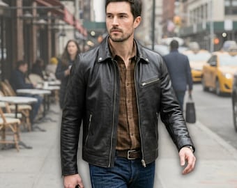 Herren Leder Harrington Jacke, Schwarze Slim Fit Punktkragen Jacke, Jeden Tag Ledermantel mit Reißverschluss, Klassische Erbs Oberbekleidung