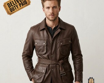 Giacca militare da uomo, cappotto safari in pelle marrone con cintura e quattro tasche, giacca in pelle classica e tradizionale, capospalla pratico per tutti i giorni.