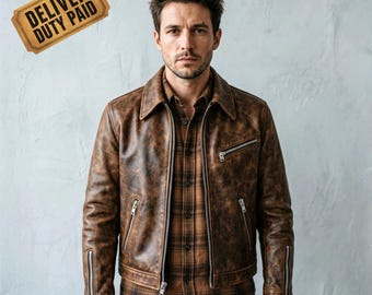 Mens Vintage Distressed Leather Jacket, Brown Bomber Style Biker Coat for Men, Zip Pocket Harrington Jacket, Heritage Marbled Leather