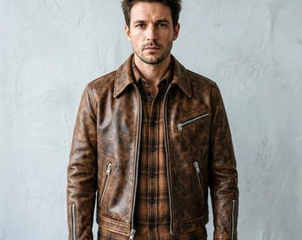 Herren Vintage Distressed Lederjacke, brauner Bikermantel im Bomber-Stil für Herren, Harrington-Jacke mit Reißverschlusstasche, marmortiertes Leder