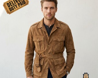Giacca da campo da uomo in pelle scamosciata, cappotto safari color cuoio con cintura e quattro tasche, giacca classica in pelle scamosciata, capospalla pratico