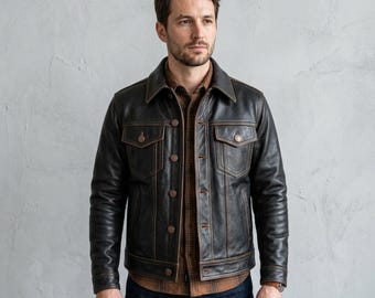 Braune Herren Leder Trucker Jacke, Distressed Vintage Jacke mit Knopfleiste, Klassische Workwear Ledermantel, Kulturerbe Lässige Oberbekleidung