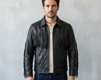 Herren Fransen Lederjacke, schwarze Western Cowboyjacke mit langen Fransen, klassischer Kragen Reißverschluss Ledermantel, Boho Festival Oberbekleidung