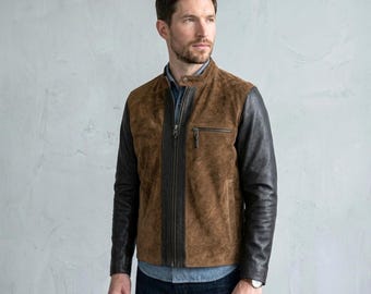 Herren Wildlederjacke, hellbraune zweifarbige Cafe Racer-Jacke, Stehkragen-Ledermantel, Vintage Heritage-Oberbekleidung