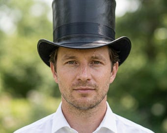 Schwarzer Leder Hut mit Concho, Western Steampunk formeller Hut für Männer, klassische hohe Krone mit breiter Krempe, gotisches Kostüm-Stück
