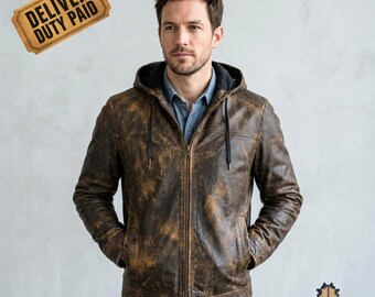 Mens Hooded Leather Jacket, Brown Distressed Zip Up Jacket with Hood, Vintage Streetwear Leather Coat, Casual Everyday Outerwear