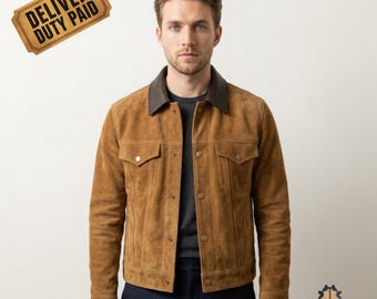 Mens Suede Leather Jacket, Tan Trucker Coat with Contrast Leather Collar, Vintage Two Tone Heritage Jacket, Casual Outerwear