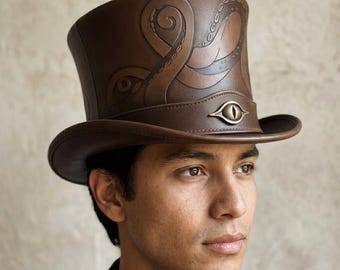 Brauner Steampunk Zylinder Hut, Geprägter Allsehendes Auge Zylinder, Okkulter Viktorianischer Fantasy Hut für Cosplay, Festival Kostüm Hut