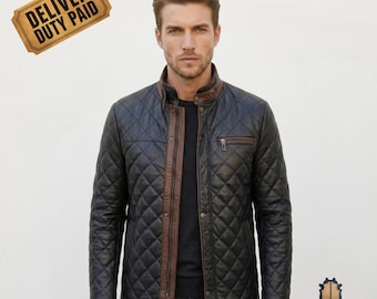 Mens Quilted Leather Jacket, Black Diamond Quilt Coat with Brown Trim, Stand Collar Zip Up Leather Jacket, Heritage Casual Outerwear