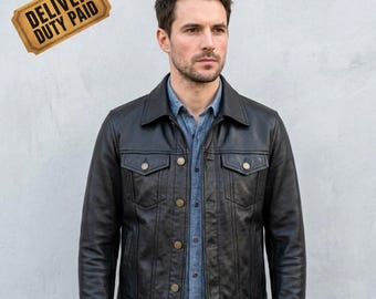 Mens Leather Trucker Jacket, Black Classic Button Front Jacket, Vintage Workwear Leather Coat, Everyday Heritage Outerwear