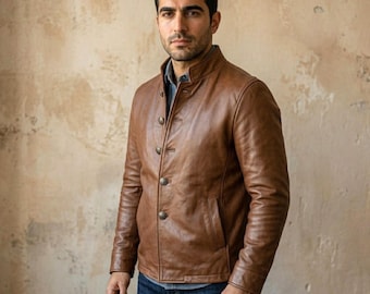 Brauner Lederblazer für Herren, Cognac-Lederjacke mit Knopfleiste Herren, Smart-Casual-Heritage-Ledermantel, Vintage-Lederjacke