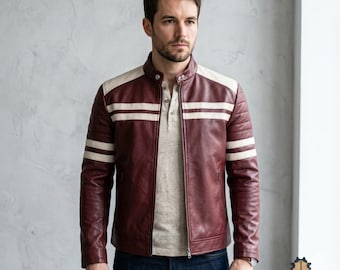 Herren Maroon Leder Racing Jacke, Cafe Racer Jacke mit Streifen Detail, Stehkragen Slim Fit Ledermantel, Motorrad Racer Jacke