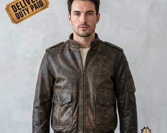 Mens Leather Flight Jacket, Brown Distressed A2 Military Jacket, Vintage Bomber Coat with Epaulettes, Heritage Casual Outerwear