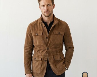 Veste militaire en daim marron clair pour homme, saharienne sans ceinture avec col montant, veste en cuir suédée classique Heritage, vêtements d'extérieur fonctionnels