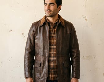 Herren Vintage Leder Automantel, braune Distressed Lederjacke mit Wildlederkragen, Heritage Workwear Mantel für Herren, zweifarbige Lederjacke