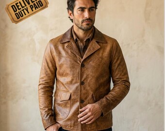 Blazer da uomo in pelle, cappotto marrone cognac effetto invecchiato con bottoni frontali, giacca in pelle vintage con revers a tacca, capospalla casual di ispirazione tradizionale