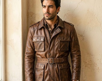 Herren Distressed Lederjacke, Braune Vintage Feldjacke für Herren, Ledermantel mit Gürtel, Vier Taschen robuste Lederjacke