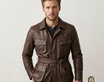 Veste militaire pour homme, saharienne avec ceinture en cuir marron avec quatre poches, veste en cuir classique héritage, vêtements d'extérieur utilitaires de tous les jours