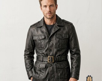 Mens Black Leather Field Jacket, Distressed Belted Safari Coat with Four Pockets, Classic Heritage Military Jacket, Utility Outerwear