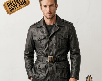 Mens Black Leather Field Jacket, Distressed Belted Safari Coat with Four Pockets, Classic Heritage Military Jacket, Utility Outerwear