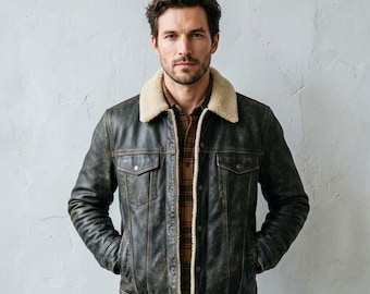 Herren Leder Trucker Jacke, Schwarz Distressed Jacke mit Knopfleiste, Vintage Workwear Ledermantel, Classic Erbs Oberbekleidung