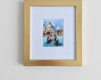 ACEO Venice Watercolor Painting Framed - Mini Italy Art, Original Tiny Landscape, Gondola Wall Art
