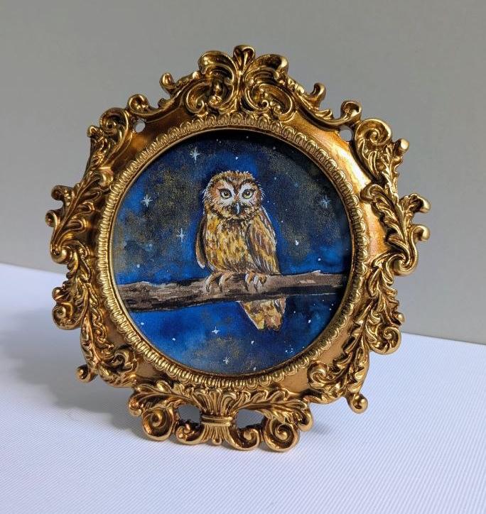 Original Watercolor Owl Painting, Vintage Gold Frame, Miniature Night Forest Art