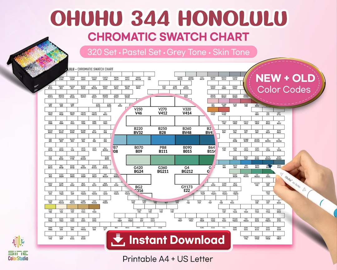 Ohuhu 344 Marker Chart: New Code, Honolulu Set Chromatic Color ...