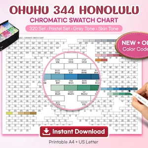 Może przedstawiać: Wydrukowana karta kolorów chromatycznych Ohuhu 344 Honolulu z 320 kolorami, w tym pastelowymi, szarymi i odcieniami skóry. Karta zawiera kody kolorów i jest dostępna do natychmiastowego pobrania w formatach A4 i US Letter. Widoczny jest również marker i piórnik z markerami.
