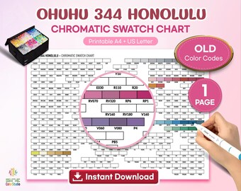 Ohuhu 344 Honolulu Swatch Chart • OLD Color Codes • Printable Marker Chart A4 & US Letter • 1 Page Palette • Instant Download