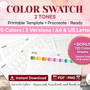 Puede incluir: Gráfico rosa y blanco con el texto "COLOR SWATCH" y "2 TONES". La imagen incluye plantillas imprimibles con 90 colores, 3 versiones y tamaños A4 y US Letter. También se incluye una bonificación de 120 hojas de color.