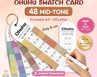 Ohuhu 48 Mid-Tone Swatch Card • Printable Marker Chart A4 & US Letter • Pre-Filled + Blank Color Palette PDF