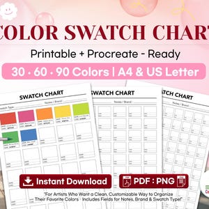 May include: A pink and white graphic with the text "COLOR SWATCH CHART" and "Printable + Procreate - Ready." The chart offers 30, 60, or 90 colors, A4 & US Letter sizes, and includes an "Instant Download" option. The design is for artists to organize colors.