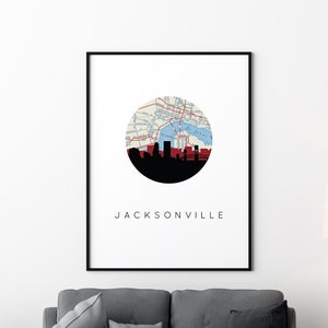 Jacksonville FL art print, Jacksonville wall art, Jacksonville skyline, jacksonville map, Florida wall art, city skyline art, framed art