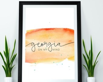 Georgia on my mind wall art, orange wall art, Georgia print, watercolor print, watercolor art, Atlanta Georgia art, Georgia gift, framed art