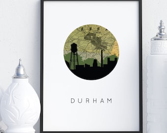 Durham NC Skyline Konsttryck: Väggdekoration med karta över North Carolina