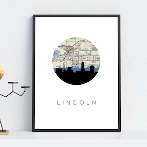 Lincoln NE skyline art, Lincoln Nebraska art print, Nebraska wall art, Lincoln Nebraska decor, city map print, framed city art