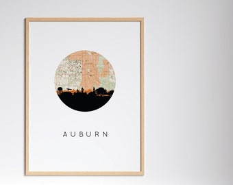 Auburn art print, Alabama art print, Auburn, Alabama skyline print, skyline van de stad print, skyline van de stad kunst, stadsplattegrond kunst, universiteitskunst