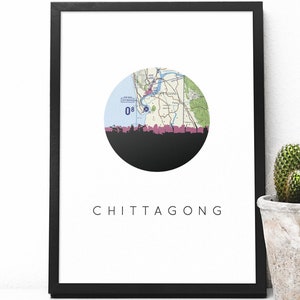 Mappa di Chittagong Bangladesh: stampa d&#39;arte di viaggio vintage in Asia