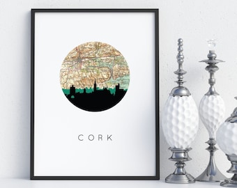 Cork Ierland print, Cork Ierland kaart kunst, Ierland geschenken, Ierland kunst aan de muur, Cork Ierland poster, kaart kunst aan de muur, skyline kunst, Ierland poster