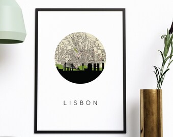 Lissabon print, Lissabon kaart, Lissabon poster, Lissabon kunst, Lissabon skyline, Lissabon Portugal art print, Lissabon huwelijkscadeau