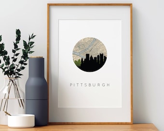 Pittsburgh skyline print, Pittsburgh art, Pittsburgh map, Pittsburgh print, Pennsylvania wall art, city skyline art, map decor